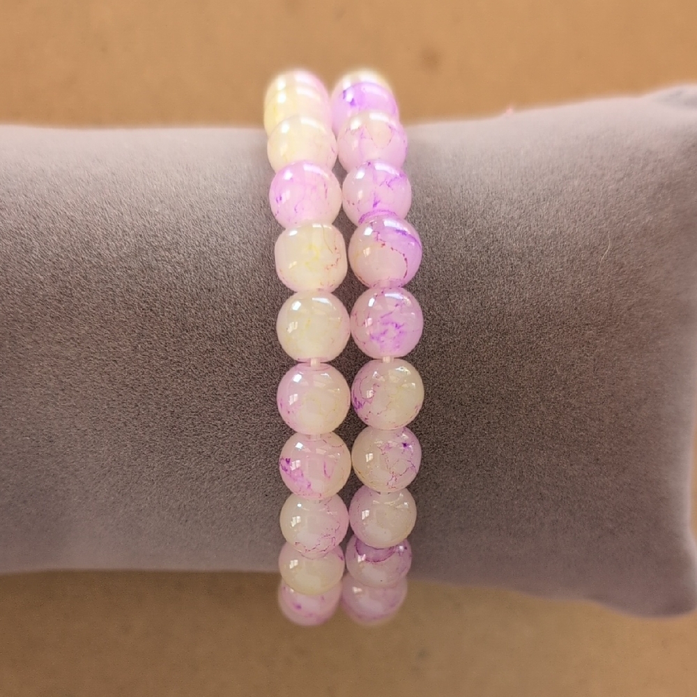 Elegant Pink and Cream Glass  Stretch Bracelet Set